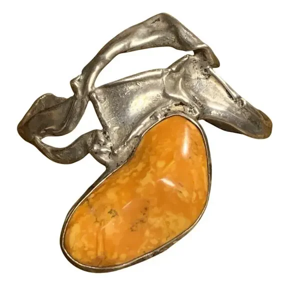 Artisan Made Eclectic Sterling Silver and Amber??? Statement Cuff Bracelet - Picture 3 of 11